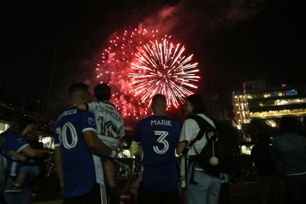 STANFORD, CALIFORNIA - SEPTEMBER 24: The 10-year anniversary of the California Clasico between the San Jose Earthquakes and theLA Galaxy culminated with a fireworks show at Stanford Stadium in Stanford, Calif., on Saturday, Sept. 24, 2022. The Earthquakes lost 3-2. (Ray Chavez/Bay Area News Group)