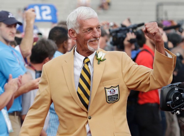 Hall of Fame Inductee Ray Guy is introduced during the 2014 Pro Football Hall of Fame Enshrinement Ceremony at the Pro Football Hall of Fame Saturday, Aug. 2, 2014, in Canton, Ohio. (AP Photo/Tony Dejak)