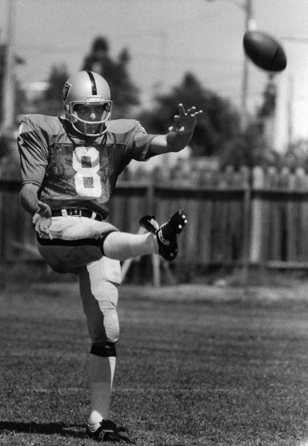 Santa Rosa, CA July 27, 1983 - Ray Guy practices his kicking and punting at the Oakland Raiders Santa Rosa training camp. (Leo Cohen / Oakland Tribune Staff Archives)