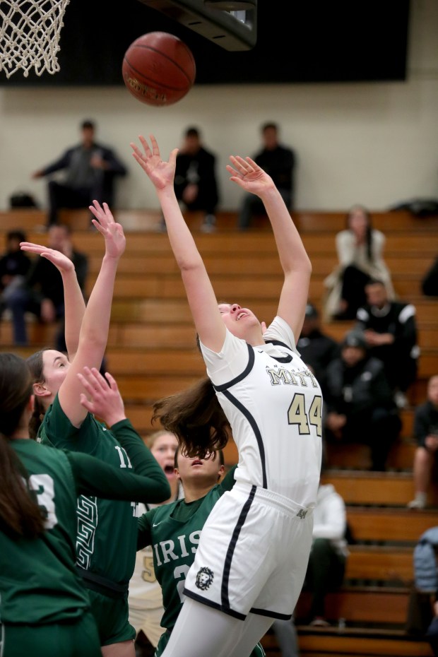 Archbishop Mitty's Elena Weisman (44) makes a shot against Sacred Heart Cathedral during a West Catholic Athletic League basketball game at Archbishop Mitty High in San Jose, Calif., on Wednesday, Jan. 11, 2023. (Ray Chavez/Bay Area News Group)