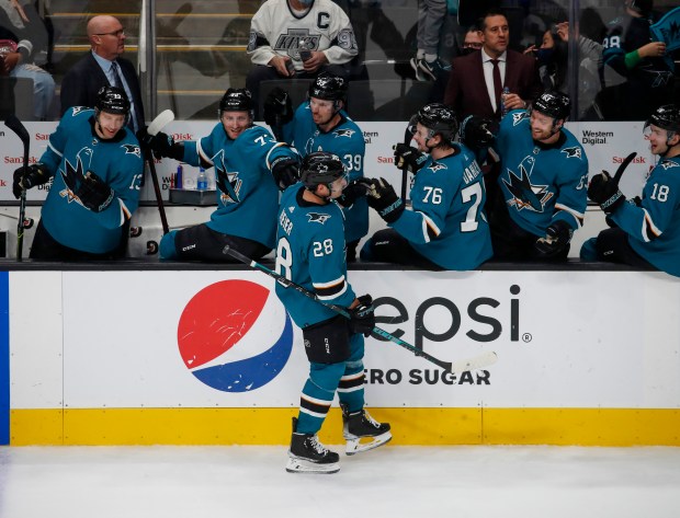SAN JOSE, CALIFORNIA - JANUARY 17: San Jose Sharks' Timo Meier (28) is congratulated on his goal, his fifth of the game, against the Los Angeles Kings in the second period at the SAP Center in San Jose, Calif., on Monday, Jan. 17, 2022. (Nhat V. Meyer/Bay Area News Group)