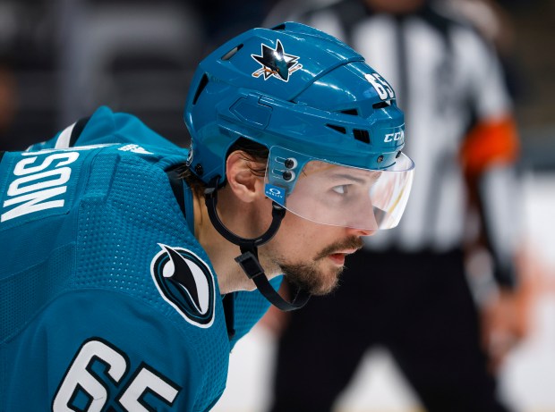 San Jose Sharks' Erik Karlsson (65) waits for a face-off against the Calgary Flames in the second period at the SAP Center in San Jose, Calif., on Tuesday, Dec. 20, 2022. (Nhat V. Meyer/Bay Area News Group)