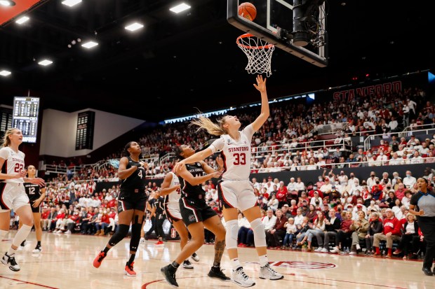 Stanford Cardinal's Hannah Jump (33) takes a shot against the South Carolina Gamecocks in the second half at Stanford Maples Pavilion in Stanford, Calif., on Sunday, Nov. 20, 2022. (Shae Hammond/Bay Area News Group)