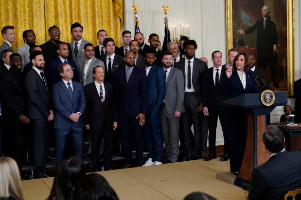 Vice President Kamala Harris speaks before President Joe Biden as they welcome the 2022 NBA champions, the Golden State Warriors, to the East Room of the White House in Washington, Tuesday, Jan 17, 2023. (AP Photo/Susan Walsh)
