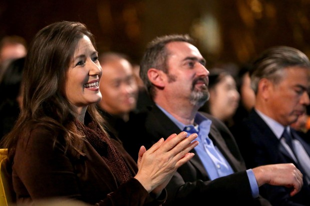 Former Oakland Mayor Libby Schaaf applauds during the inauguration ceremony for Oakland Mayor-Elect Sheng Thao, newly elected or re-elected members of the city council and Oakland school board at the Paramount Theater in Oakland, Calif., on Monday, Jan. 9, 2023. (Ray Chavez/Bay Area News Group)