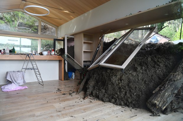 A view of the inside of the home of Marjorie Cruz and Pat Daly, of Berkeley, damaged by a mudslide on Middlefield Road in Berkeley, Calif., on Monday, Jan. 15, 2023. (Jose Carlos Fajardo/Bay Area News Group)