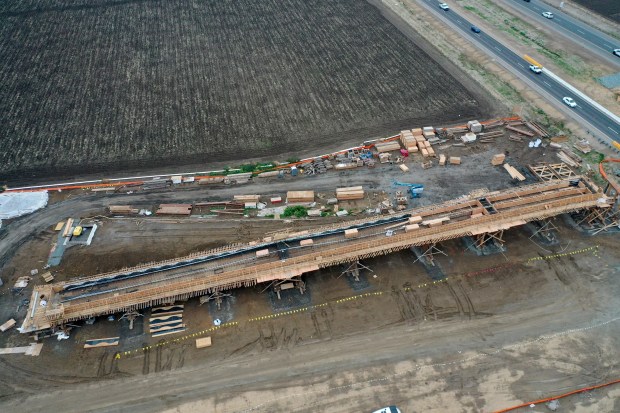 A new pedestrian bridge is constructed across the Highway 4 bypass in Brentwood, Calif., on Thursday, Dec. 8, 2022. The bridge will reconnect the Mokelumne Trail for cyclists and pedestrians, eventually making continuous trail travel possible through six counties. (Jane Tyska/Bay Area News Group)