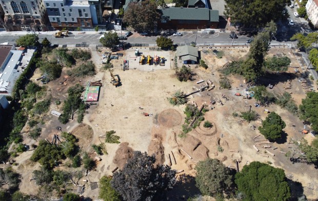 BERKELEY, CALIFORNIA - AUGUST 03: People's Park is seen from this drone view in Berkeley, Calif., on Wednesday, August 3, 2022. Protesters tore down a fence that UC Berkeley had erected around the park early this morning after more trees were cut down to make way for student housing. (Jane Tyska/Bay Area News Group)