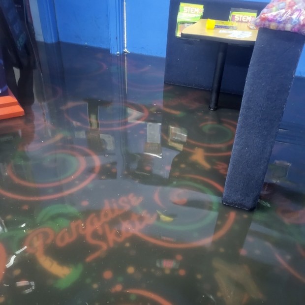Water rose six inches inside the Paradise Skate Park roller rink in Antioch after a torrential rainstorm on New Year's Eve, 2022, ruining the maple wooden floor and carpet among other items.