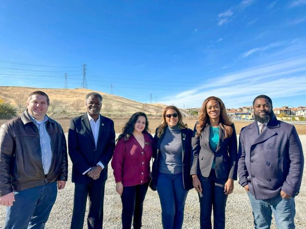 Pittsburg leaders welcomed representatives of Sierra Pacific Properties to an empty lot in the San Marco neighborhood where a Sprouts grocery store will be built. Shown are, from left, Pittsburg Chamber of Commerce CEO Wolfgang Croskey, Contra Costa Supervisor Federal Glover, City Councilmembers Angelica Lopez and Dionne Adams, Mayor Shanellle Scales-Preston and Councimember Jelani Killings. (Photo courtesy Shanelle Scales-Preston)