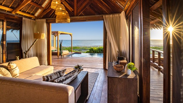 This Banyan Tree property features 40 thatched-roof villas scattered on an island off the coast of Mozambique.(Grant Pitcher/Banyan Tree Group)