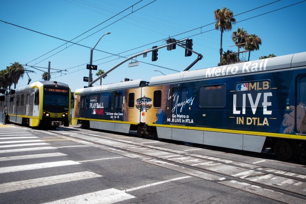 Metro E Line light rail trains cross Crenshaw Boulevard in Los Angeles on Thursday, July 14, 2022, and the line ends in Santa Monica. (Photo by Sarah Reingewirtz, Los Angeles Daily News/SCNG)
