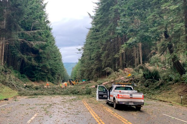In this photo provided by Caltrans District 1, crews work at removing multiple fallen trees blocking U.S. Highway 101 in Humboldt County near Trinidad, Calif., Wednesday, Jan. 4, 2023. A major winter storm approached California on Wednesday causing crews to rush to clear storm drains in preparation for flooding and strong winds, as parts of the Midwest dealt with snow, ice or tornadoes, and the South recovered from strong overnight storms. (Caltrans District 1 via AP)