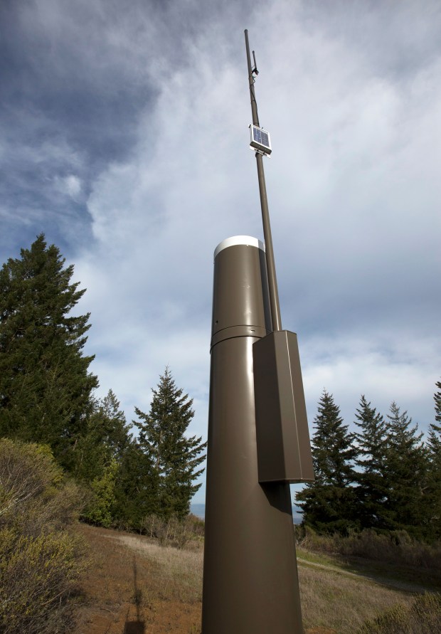 A 2016 file photo of the Windy Hill Preserve rain gauge in the Santa Cruz Mountains near Los Altos Hills. The rain gauge is part of a network of gauges, sensors and computers that are helping save lives and property in vulnerable to flooding in Bay Area communities. (Patrick Tehan/Bay Area News Group)