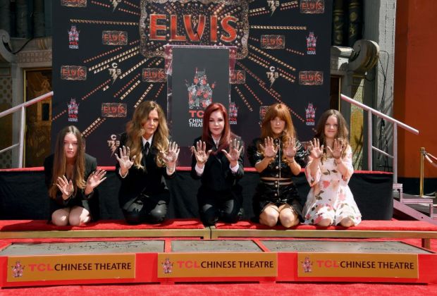 HOLLYWOOD, CALIFORNIA - JUNE 21: (L-R) Harper Vivienne Ann Lockwood, Lisa Marie Presley, Priscilla Presley, Riley Keough, and Finley Aaron Love Lockwood attend the Handprint Ceremony honoring Priscilla Presley, Lisa Marie Presley And Riley Keough at TCL Chinese Theatre on June 21, 2022 in Hollywood, California. (Photo by Jon Kopaloff/Getty Images)Baz Luhrmann, Austin Butler, (Bottom L-R) Harper Vivienne Ann Lockwood, Lisa Marie Presley, Priscilla Presley, Riley Keough
