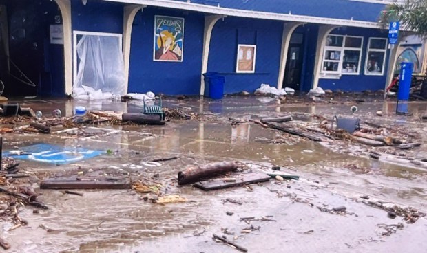 Josh Whitby, co-owner of Capitola Village's iconic waterfront Zelda's restaurant shows on his phone photos of damage inside Zelda's and floodwaters and debris outside the restaurant. (Ethan Baron/Bay Area News Group)