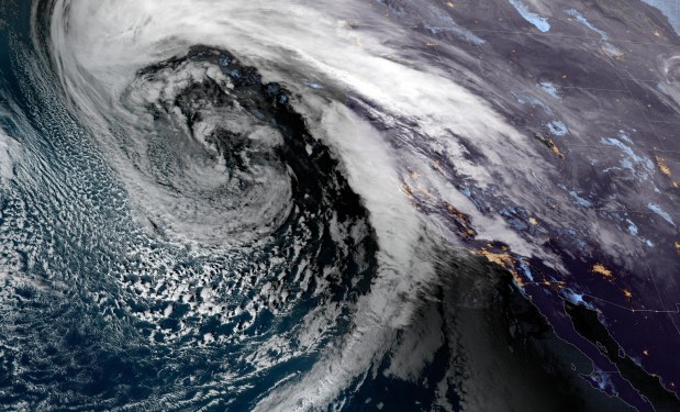 Composite satellite imagery captures a so-called bomb cyclone weather system as it swirls over Northern California on Wednesday, January 4, 2023. (Photo courtesy of CIRA/NOAA)